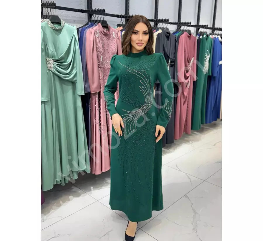 S Desenli Taş İşlemeli Krep Kumaş Abiye Elbise_1